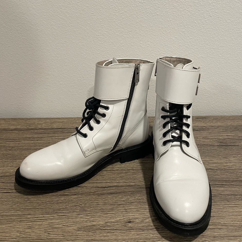 All Saints Women Brigade Lace-up Zipper Lug Sole White Leather Boots Size 8